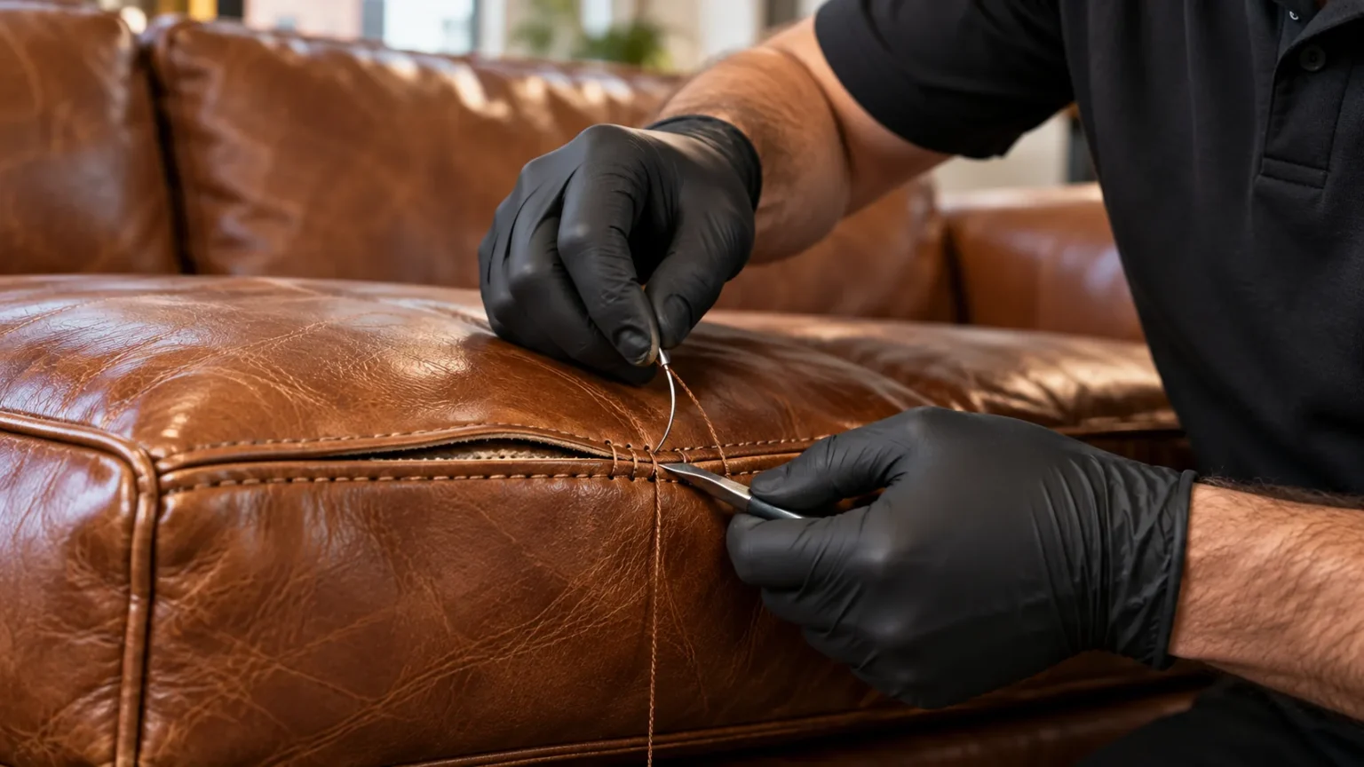 Technician hand-stitching an open seam on a leather sofa cushion