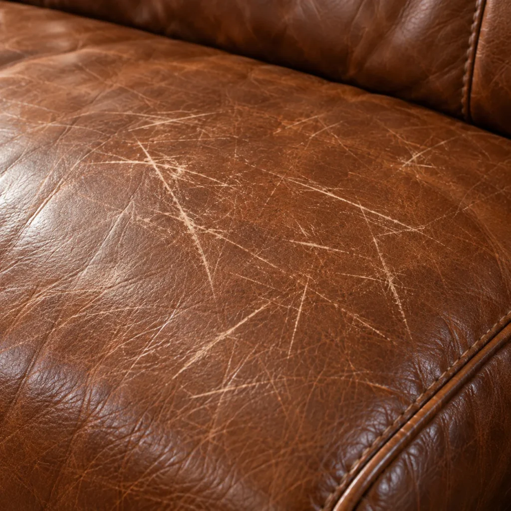 Fine scratches across a cognac leather seat