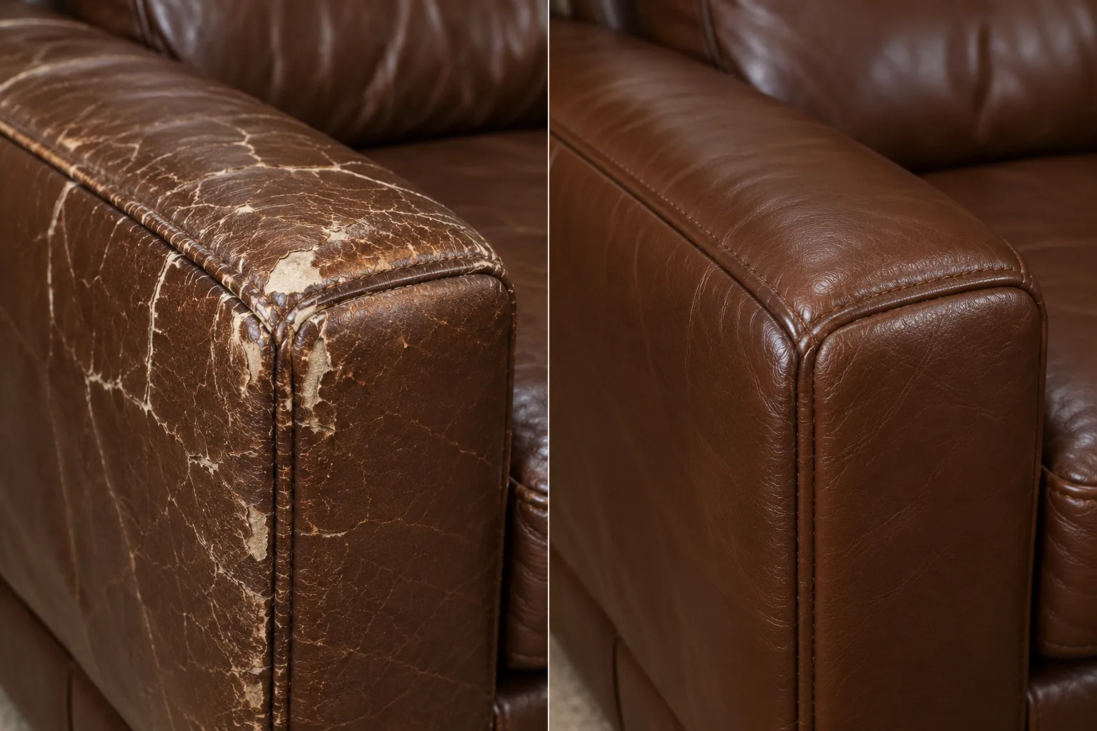 A cracked and flaking arm corner beside the same corner recoloured