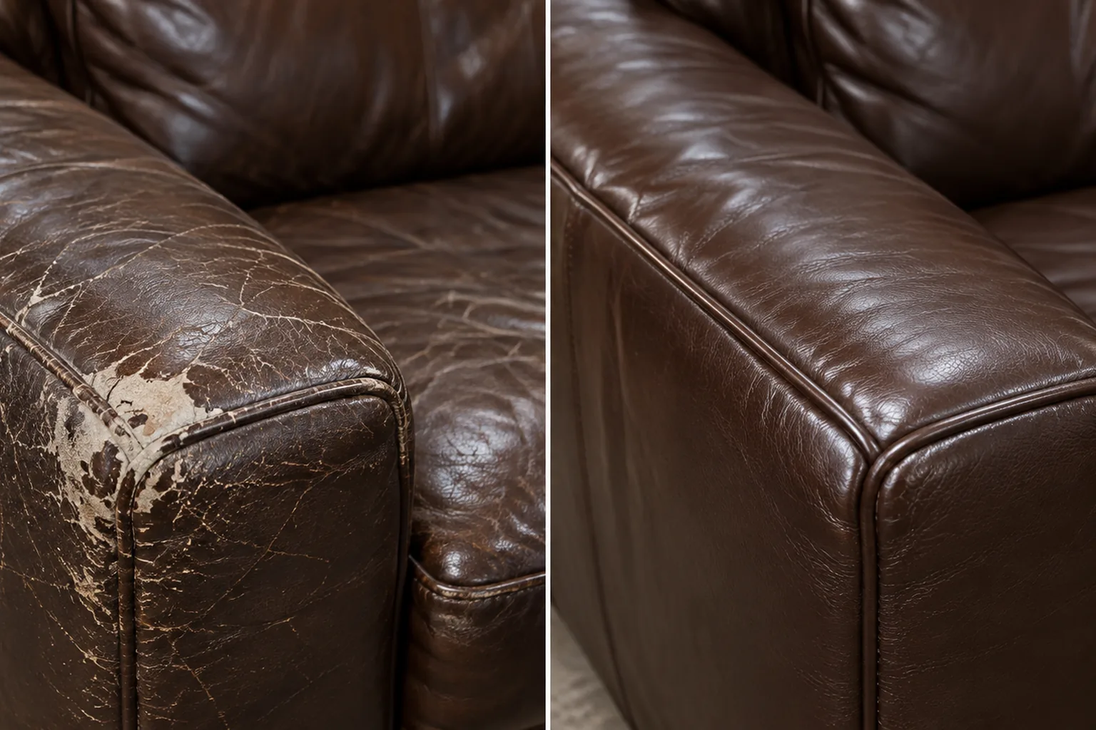 A wide view of a cracked leather arm beside the same arm rebuilt and recoloured
