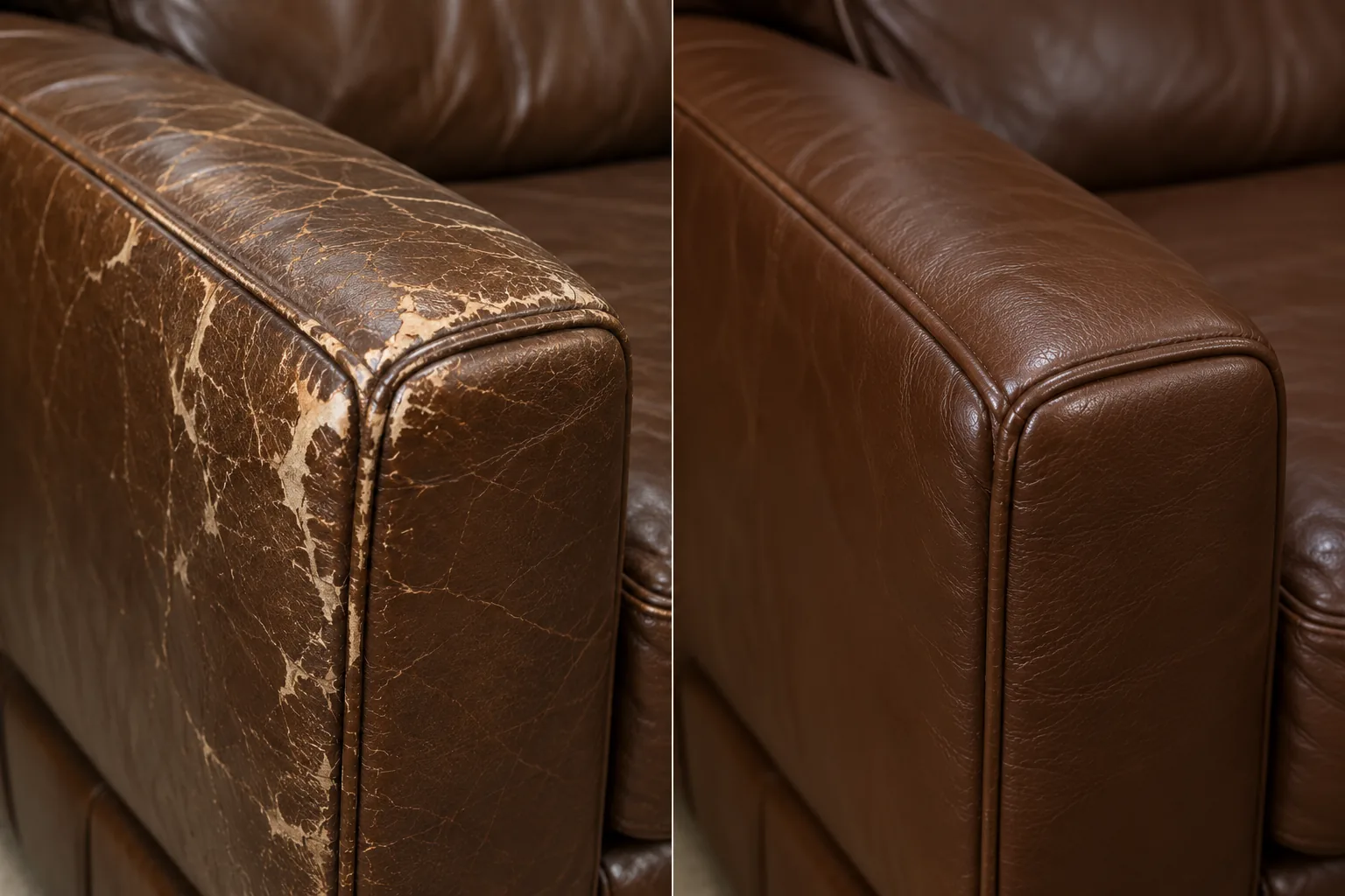A flaking outside arm panel beside the same panel refinished