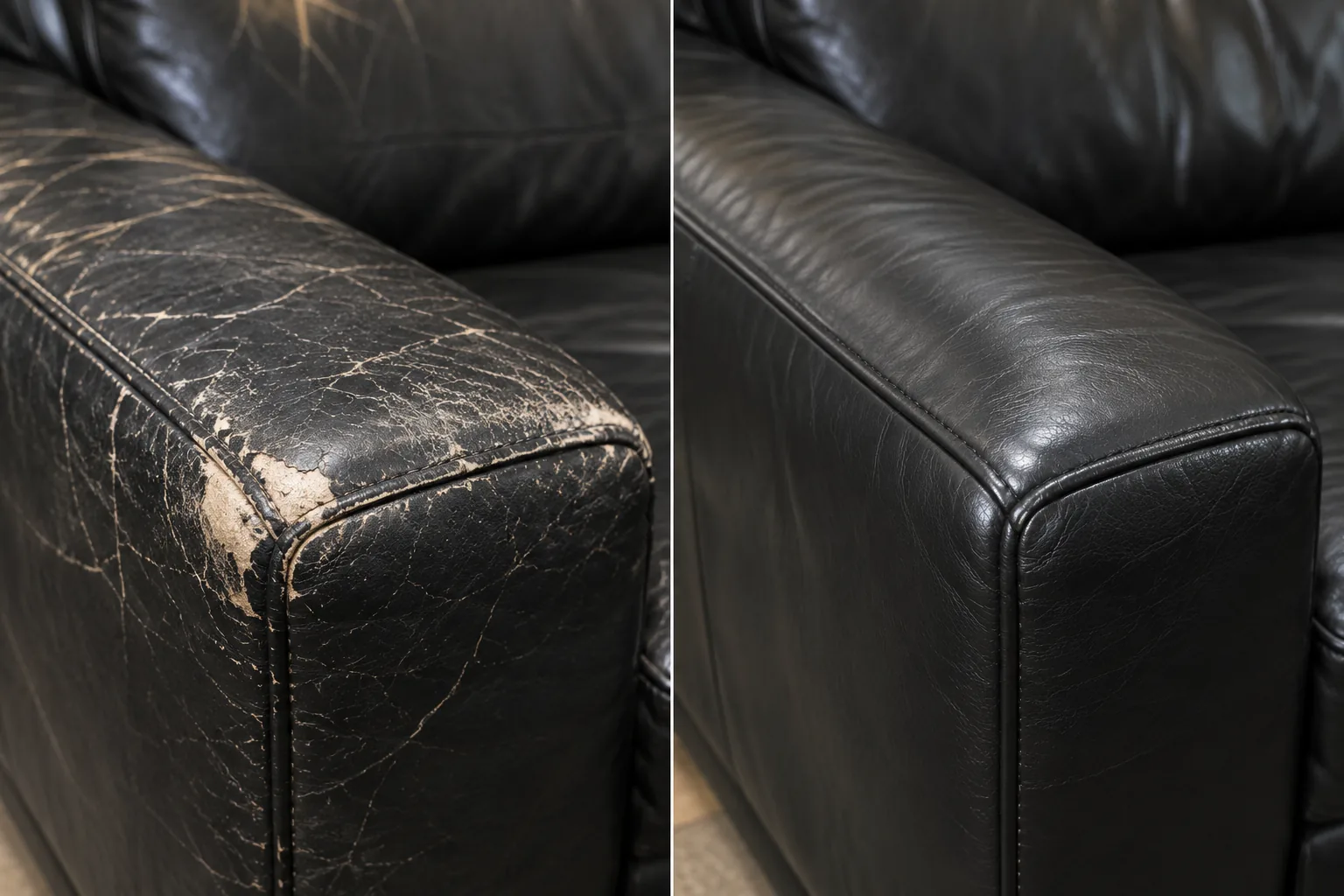 A cracked black leather arm beside the same arm refinished