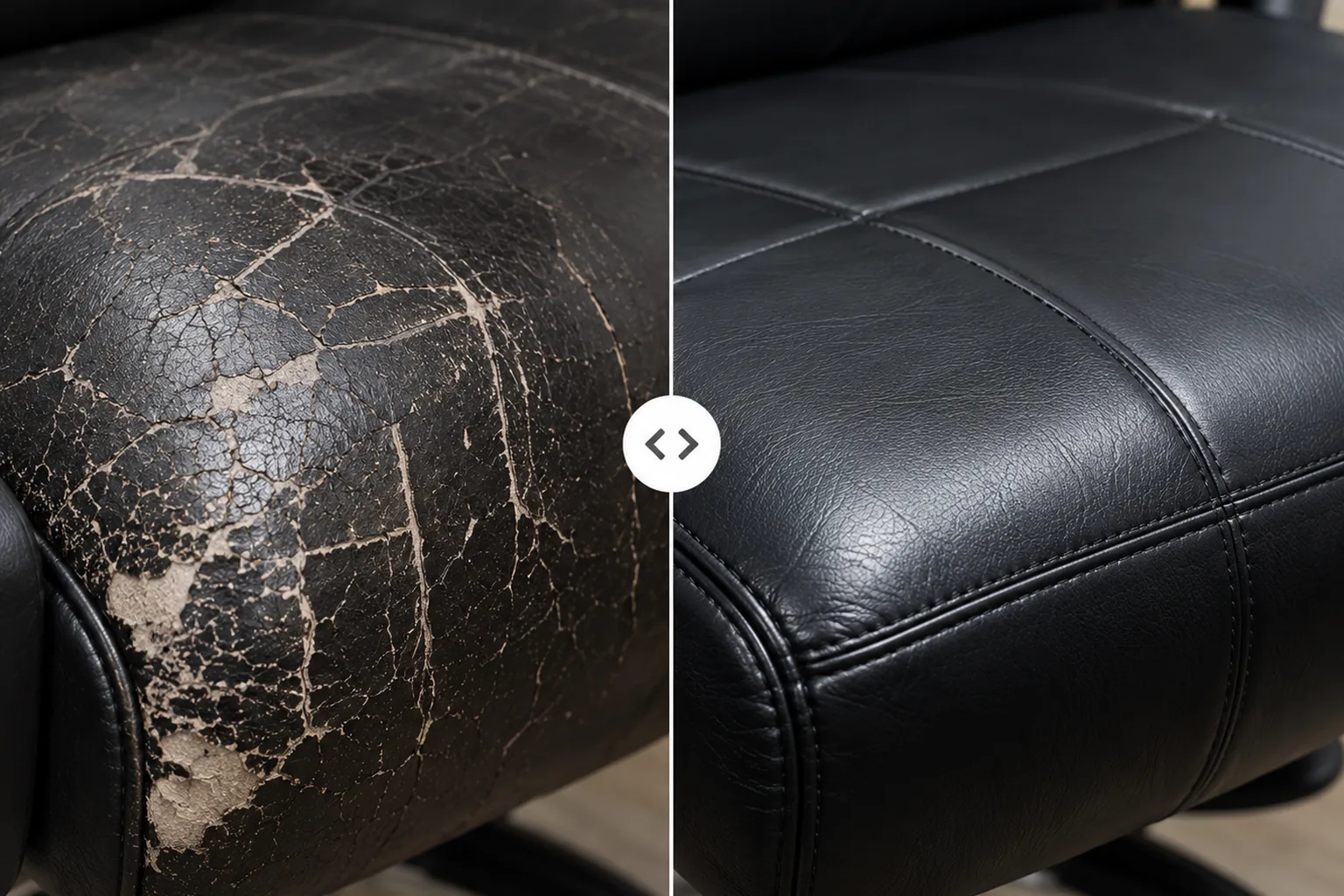 A black office chair seat with severe crackle beside the same seat stripped and refinished