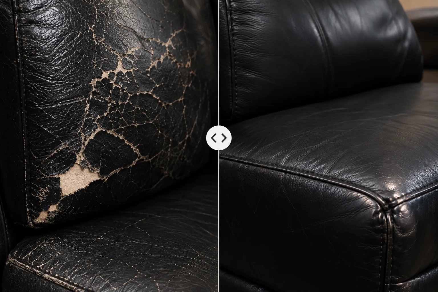 A black leather recliner back with a large flaked patch beside the same panel rebuilt