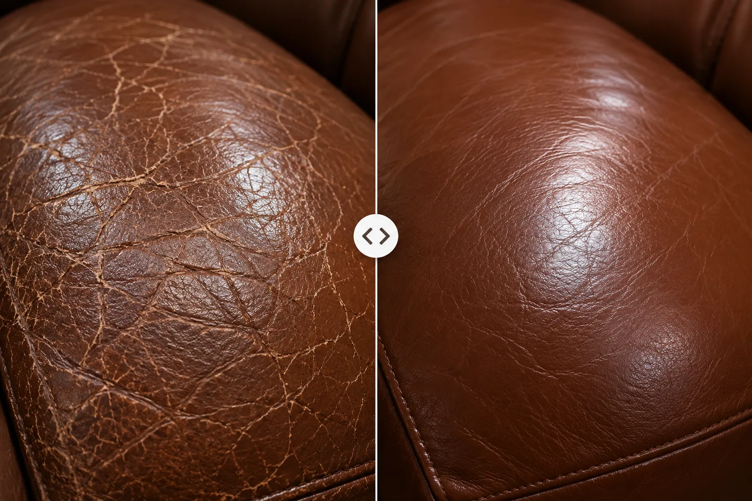 A heavily crazed brown leather seat cushion beside the same cushion with the finish rebuilt smooth