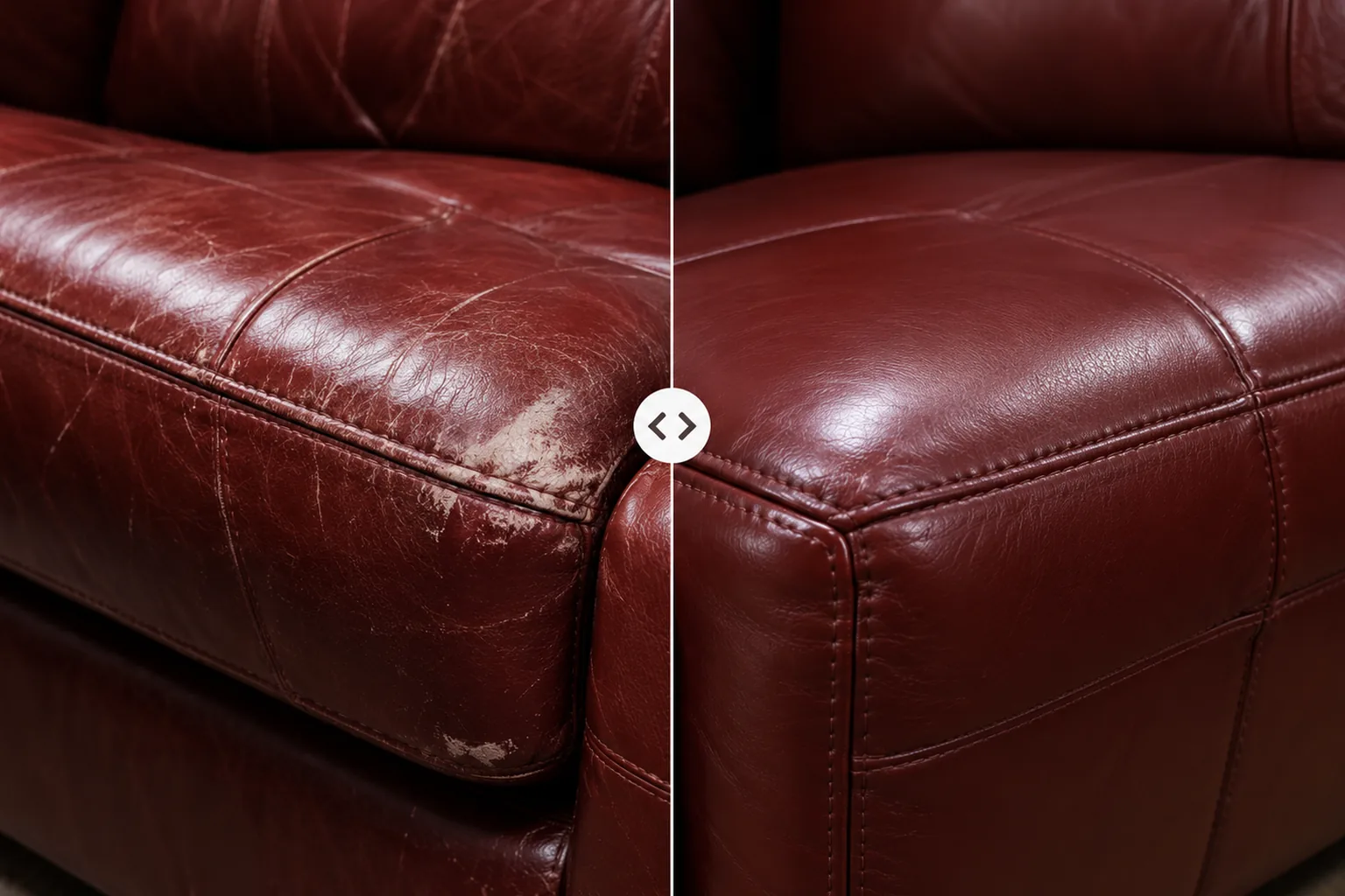 A burgundy leather sofa arm with pale flaking beside the same arm recoloured
