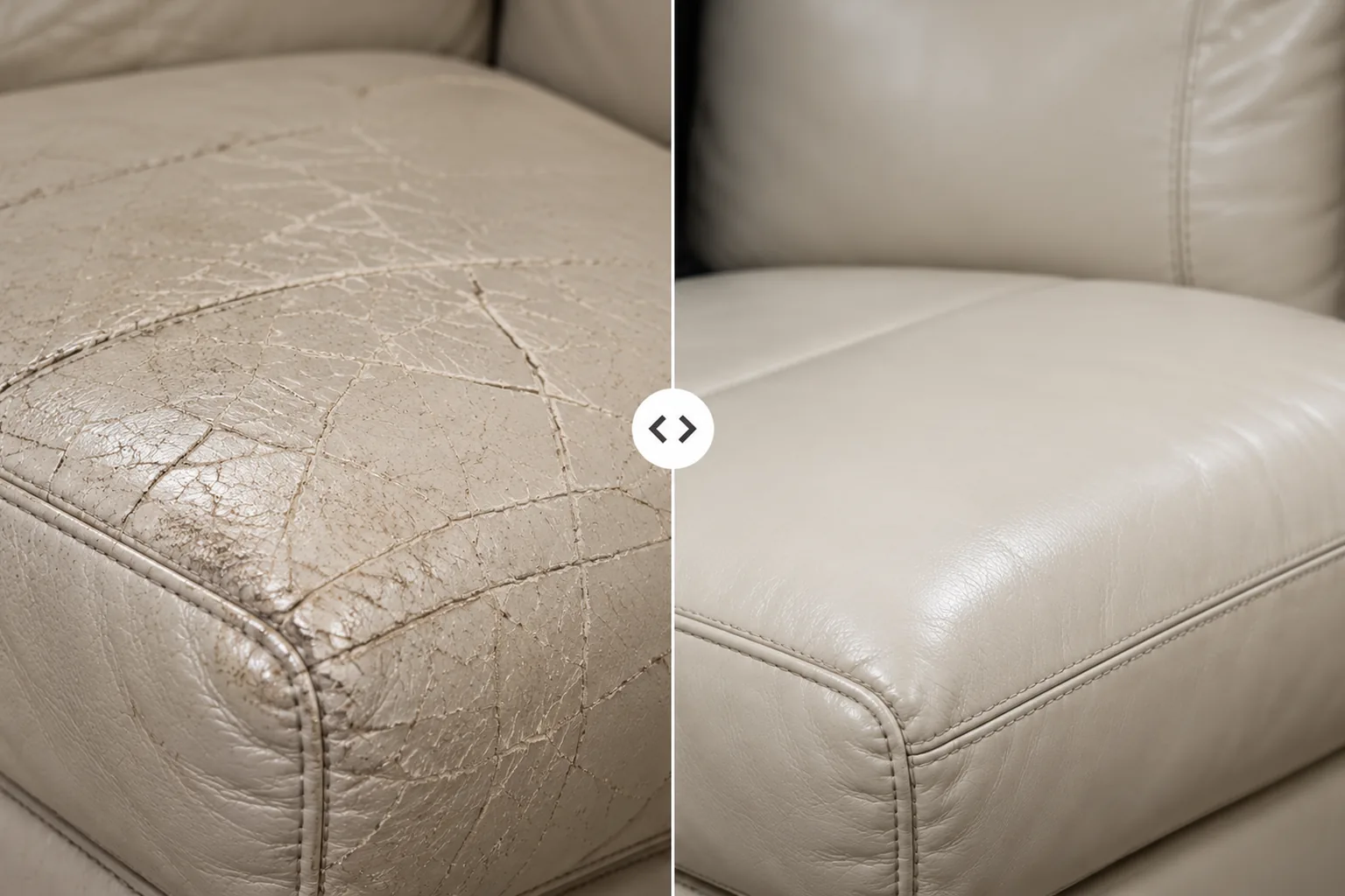 A cream leather seat cushion covered in crazing beside the same cushion cleaned and refinished