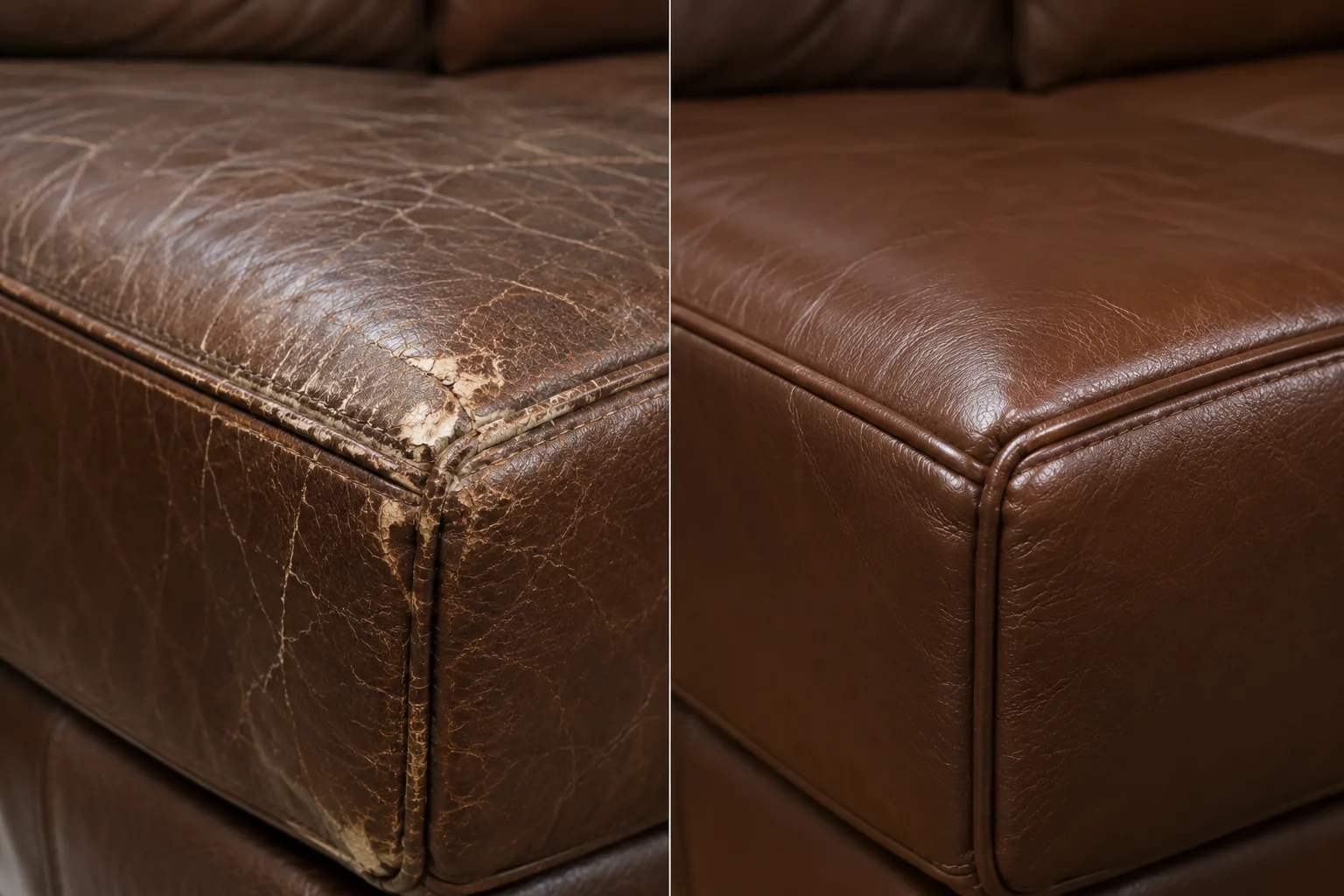 A flaking leather cushion corner beside the same corner rebuilt and sealed