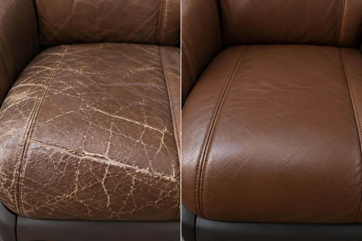A crazed tan leather seat cushion beside the same cushion with the finish rebuilt