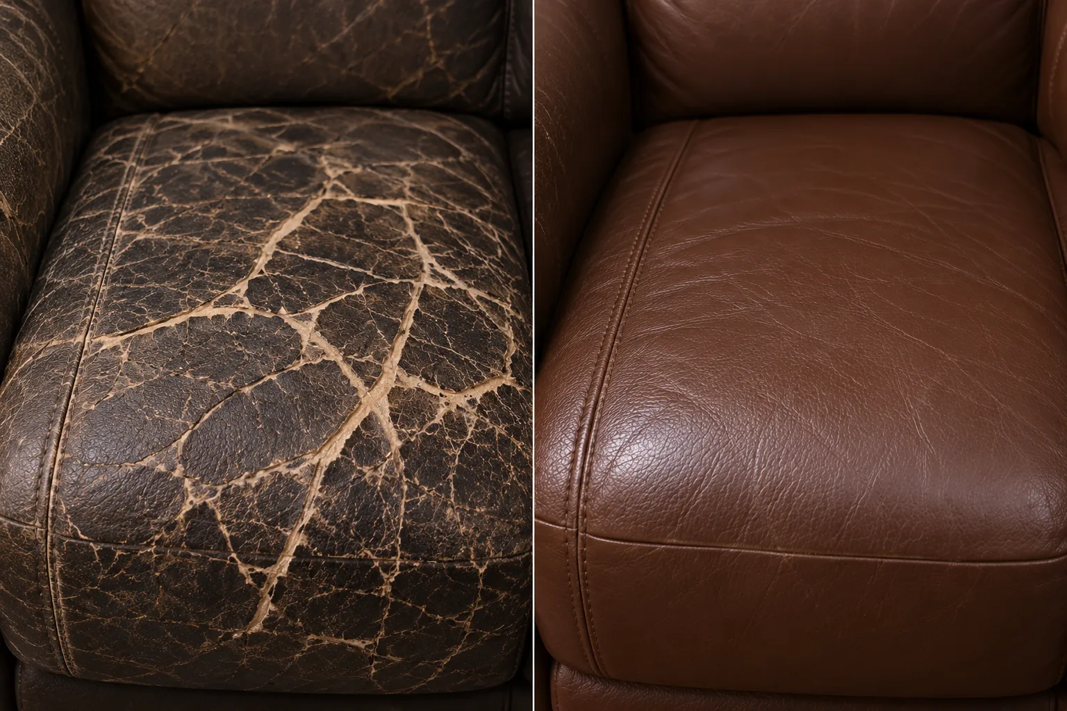 A deeply crackled leather seat beside the same seat stripped, filled and refinished