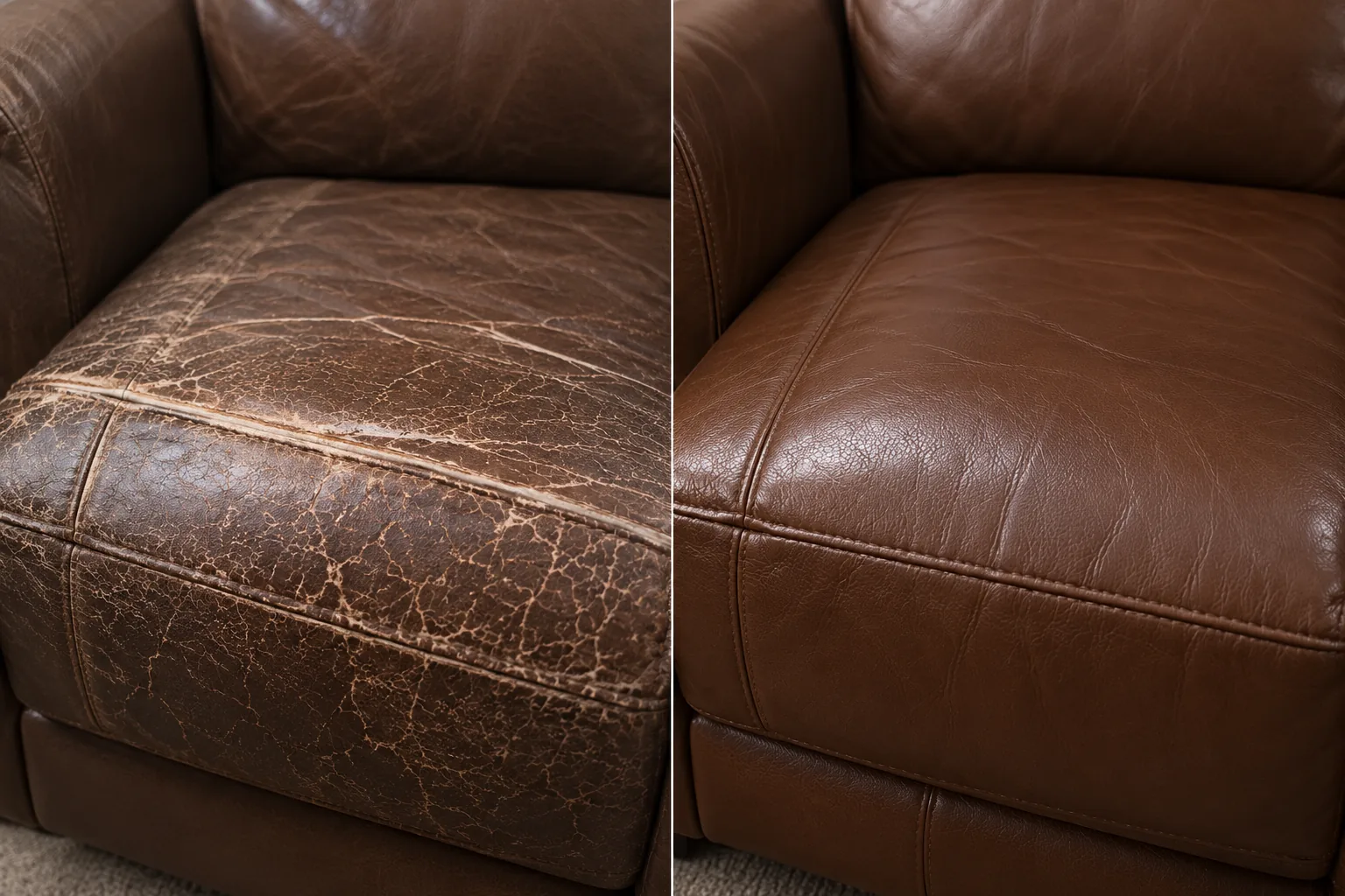 A cracked seat front edge beside the same edge rebuilt to an even surface