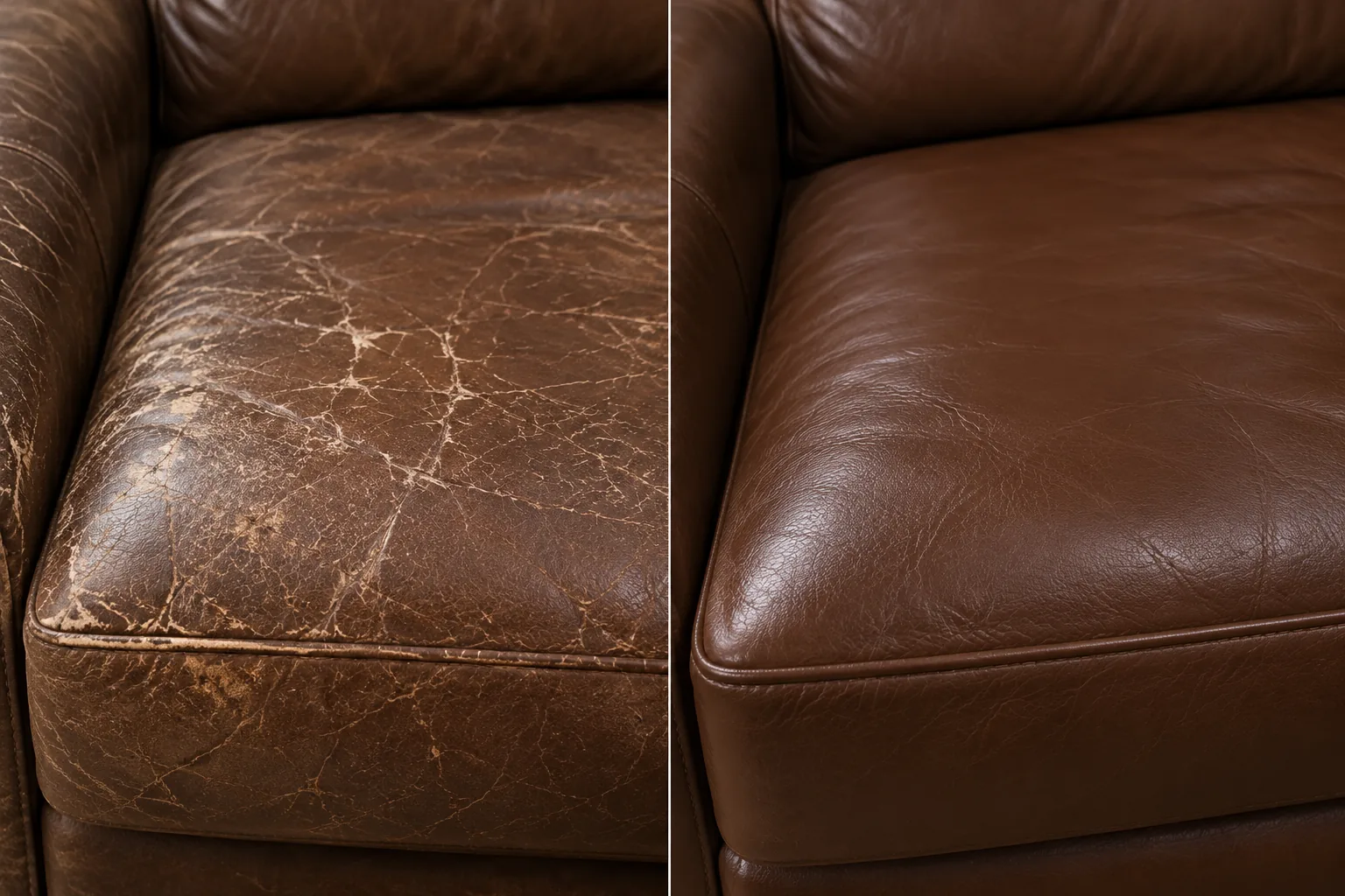 Spidered cracking on a leather seat beside the same seat repaired and conditioned