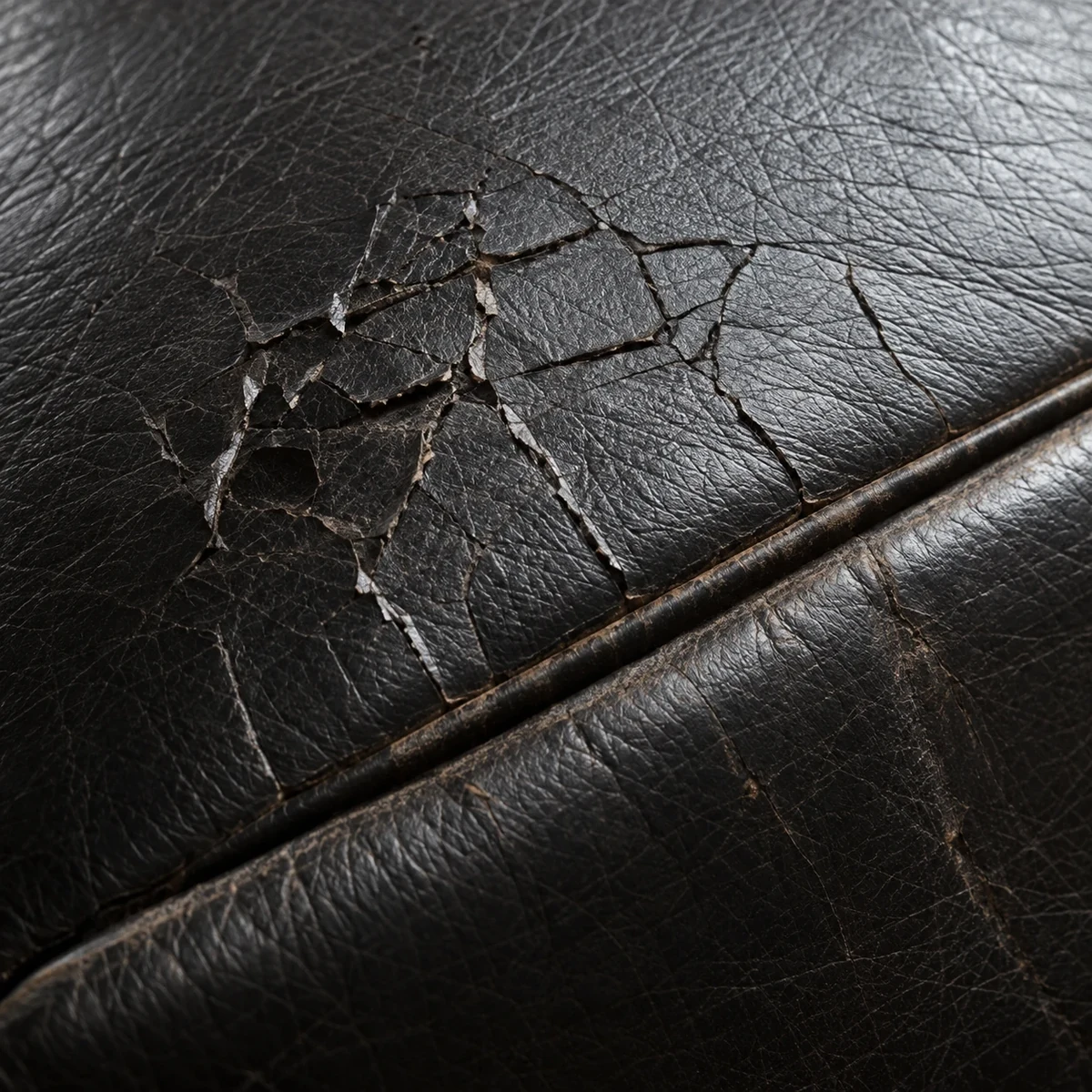 Cracked and flaking black leather beside a seam