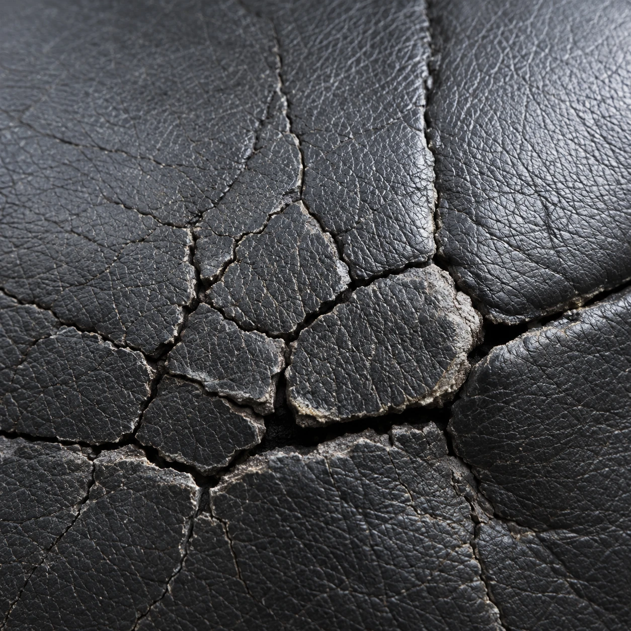 Black leather crazed into a network of deep cracks