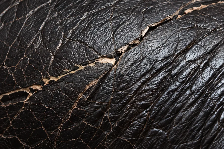 Creasing and micro-cracking along a fold in dark leather