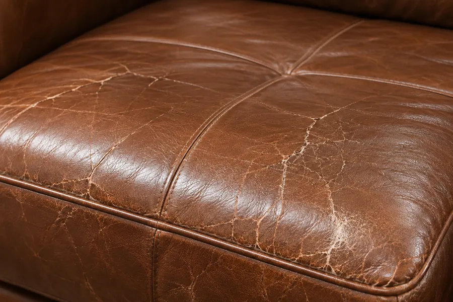 Cracking spread across the seating area of a brown leather cushion