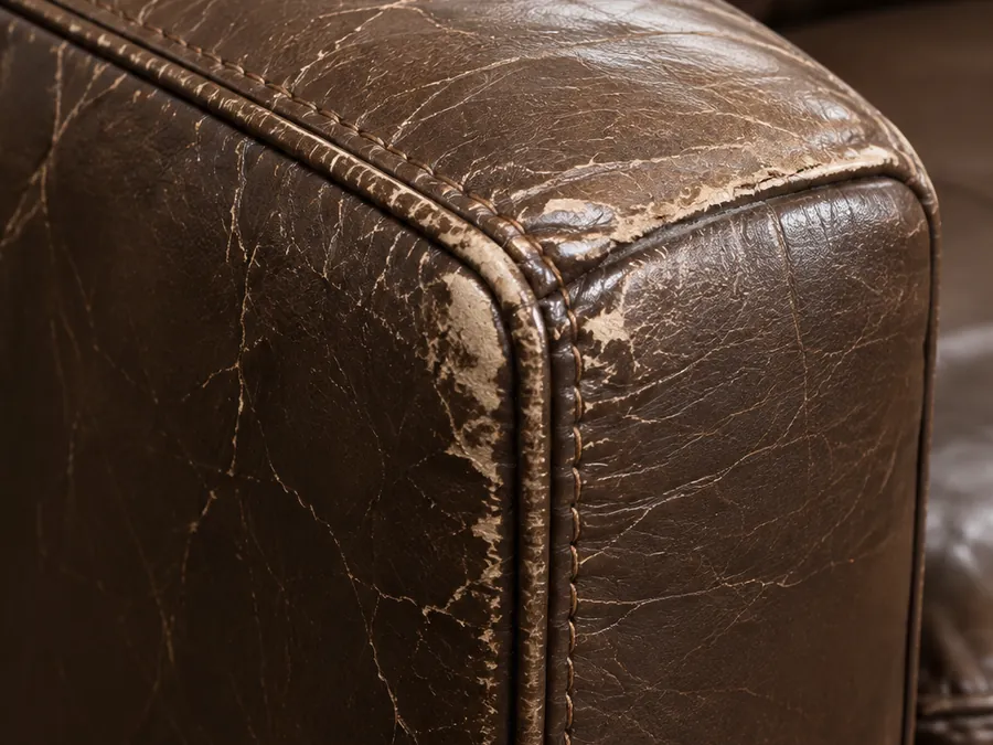 The front corner of a leather arm worn pale where the finish has broken up