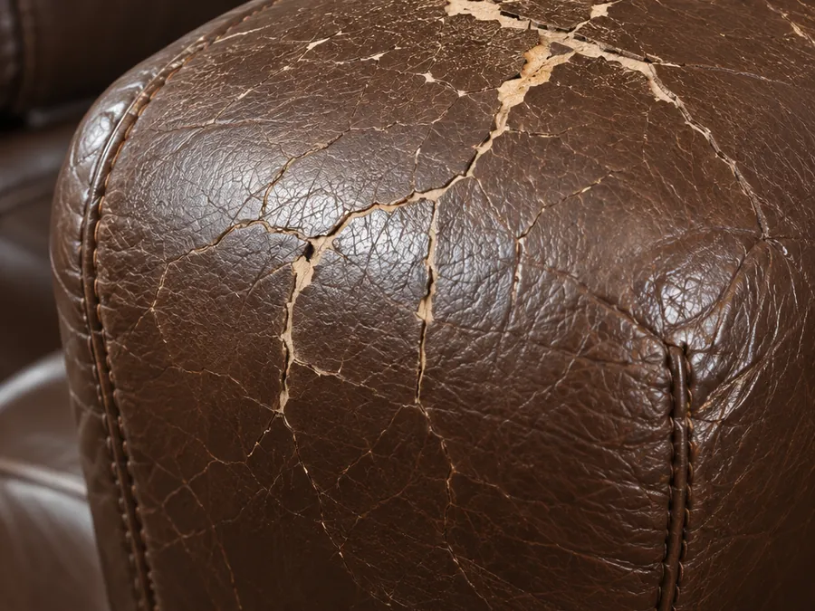 Deep cracks running across the rolled top of a leather arm