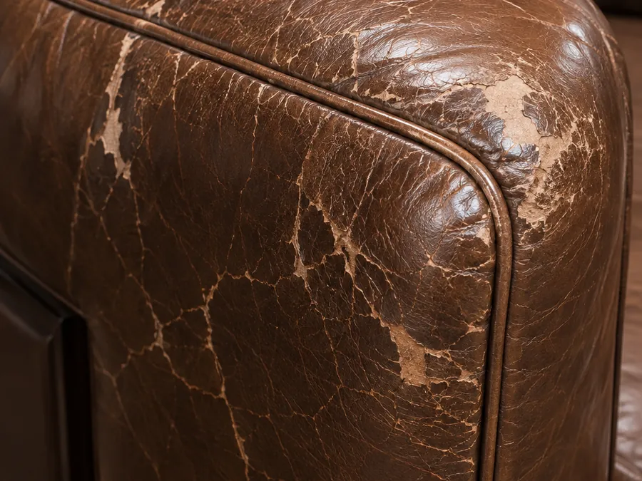 A web of fine cracks across the outside panel of a leather arm