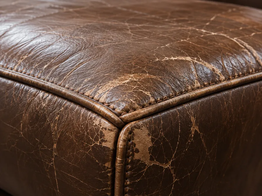 Cracking following the piped seam along a leather cushion edge