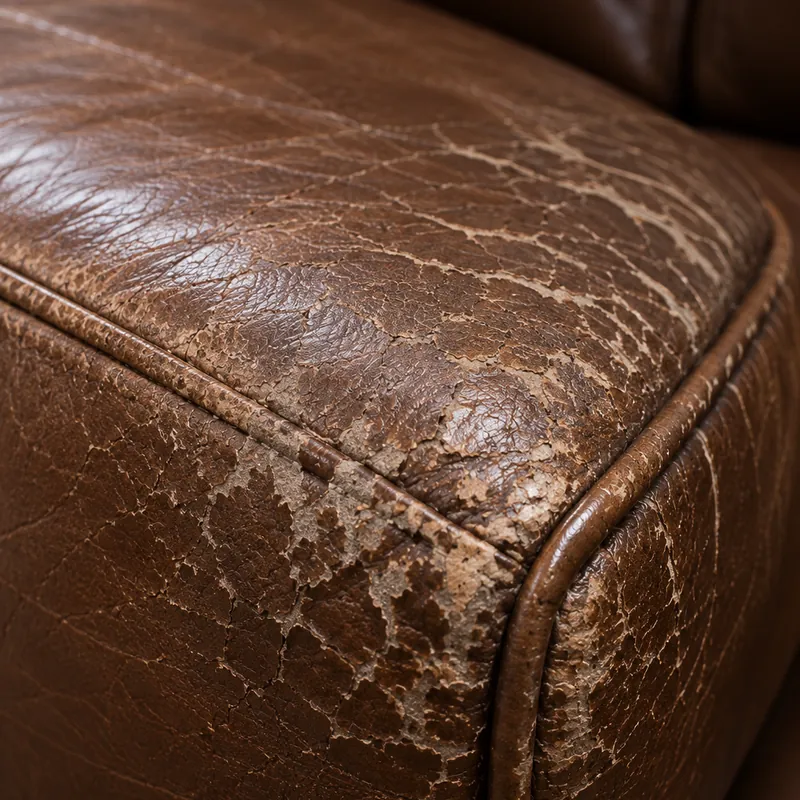 Dry, stiff leather with a pale web of cracking across the grain