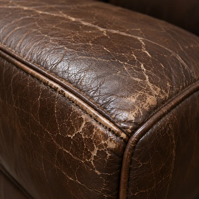 Dark leather cracked beside a heat source, the grain drawn tight