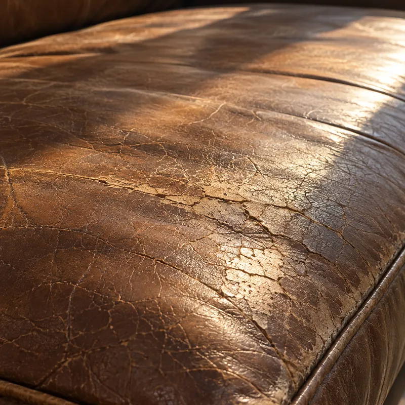 Sunlight falling across a leather panel that has faded and begun to crack