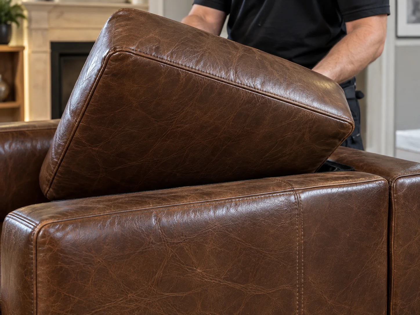 Brown leather seat cushion tilted up out of a chair frame during a leather cushion repair