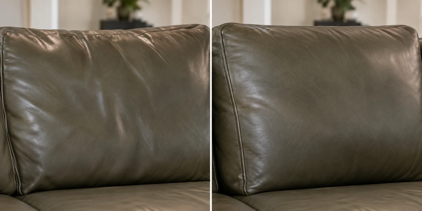 Before and after on a creased olive leather back cushion