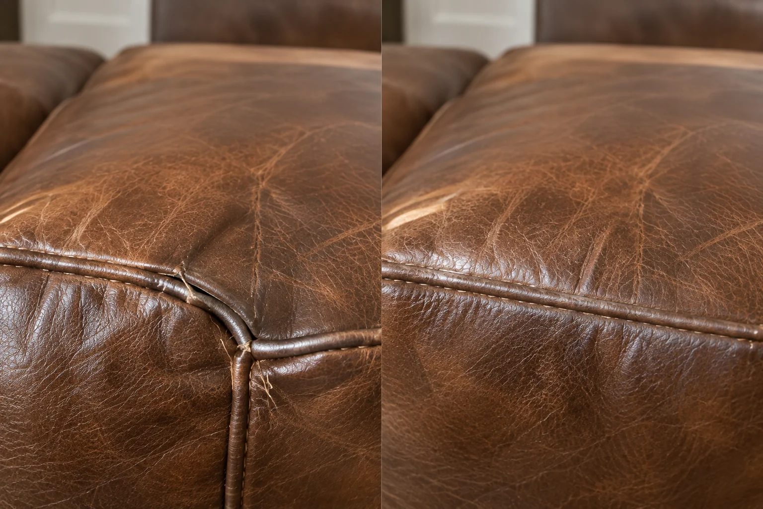 Before and after on a frayed brown leather cushion corner