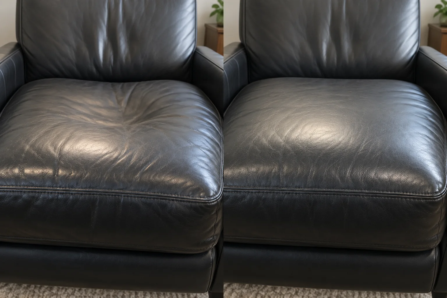 Before and after on a sagging black leather seat cushion