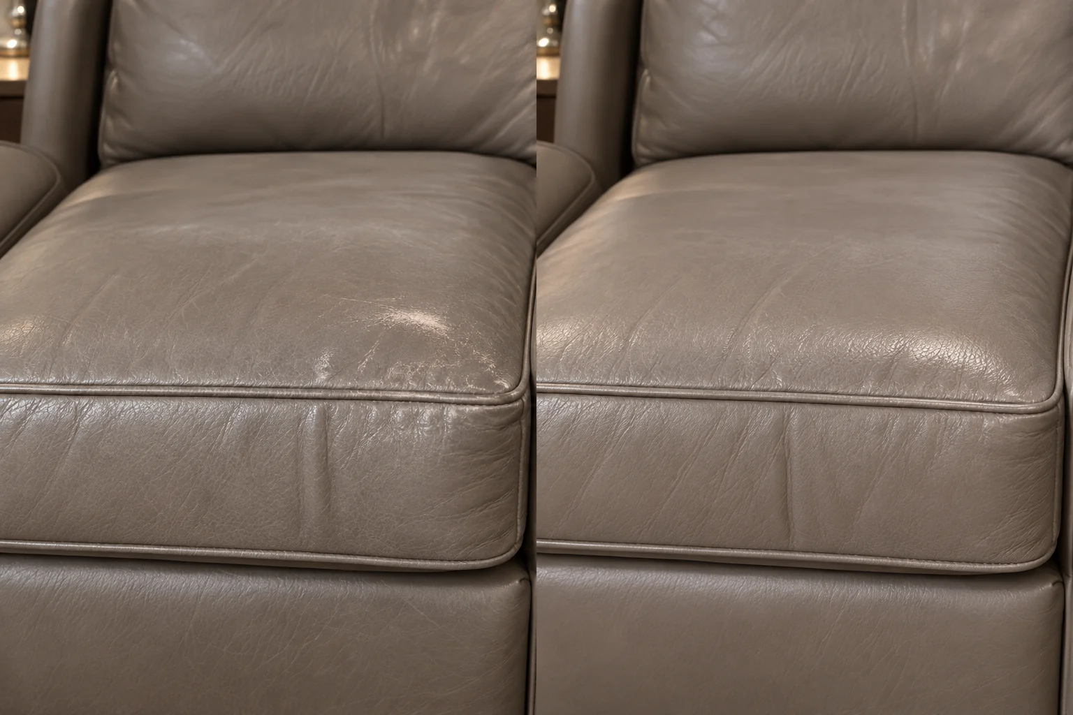 Before and after on a scuffed grey leather seat cushion