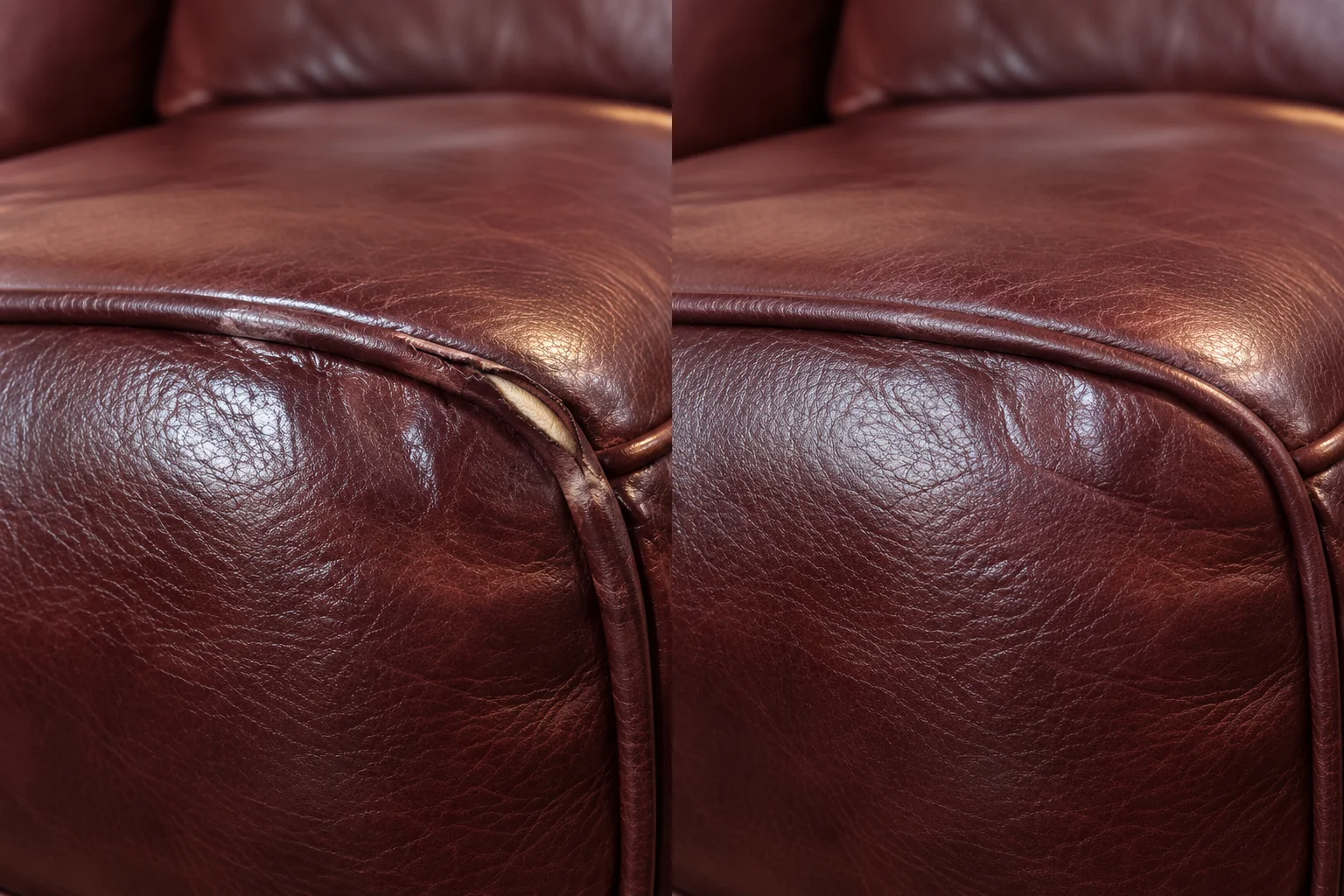 Before and after on a burgundy leather cushion with split piping