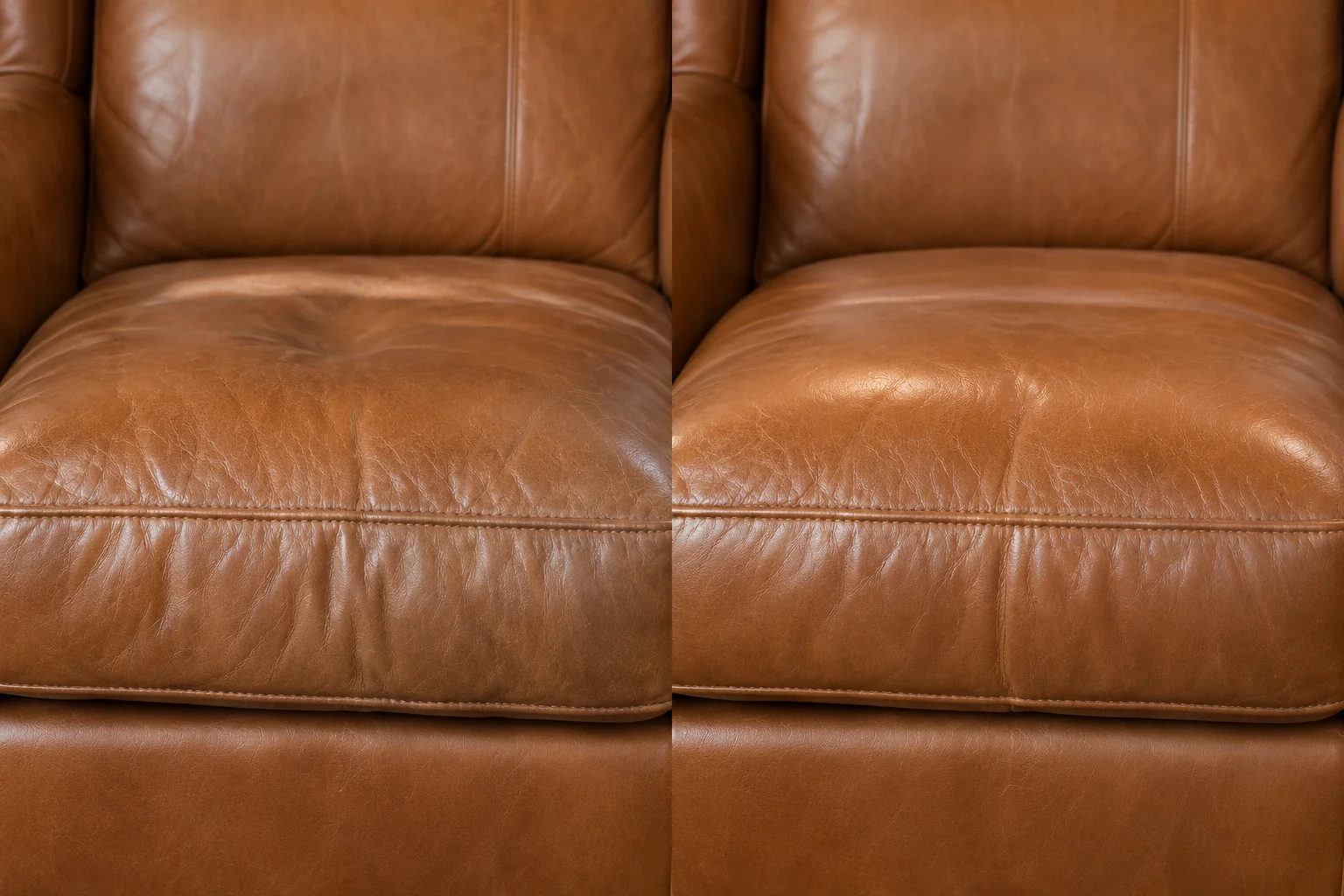 Before and after on a sunken tan leather seat cushion