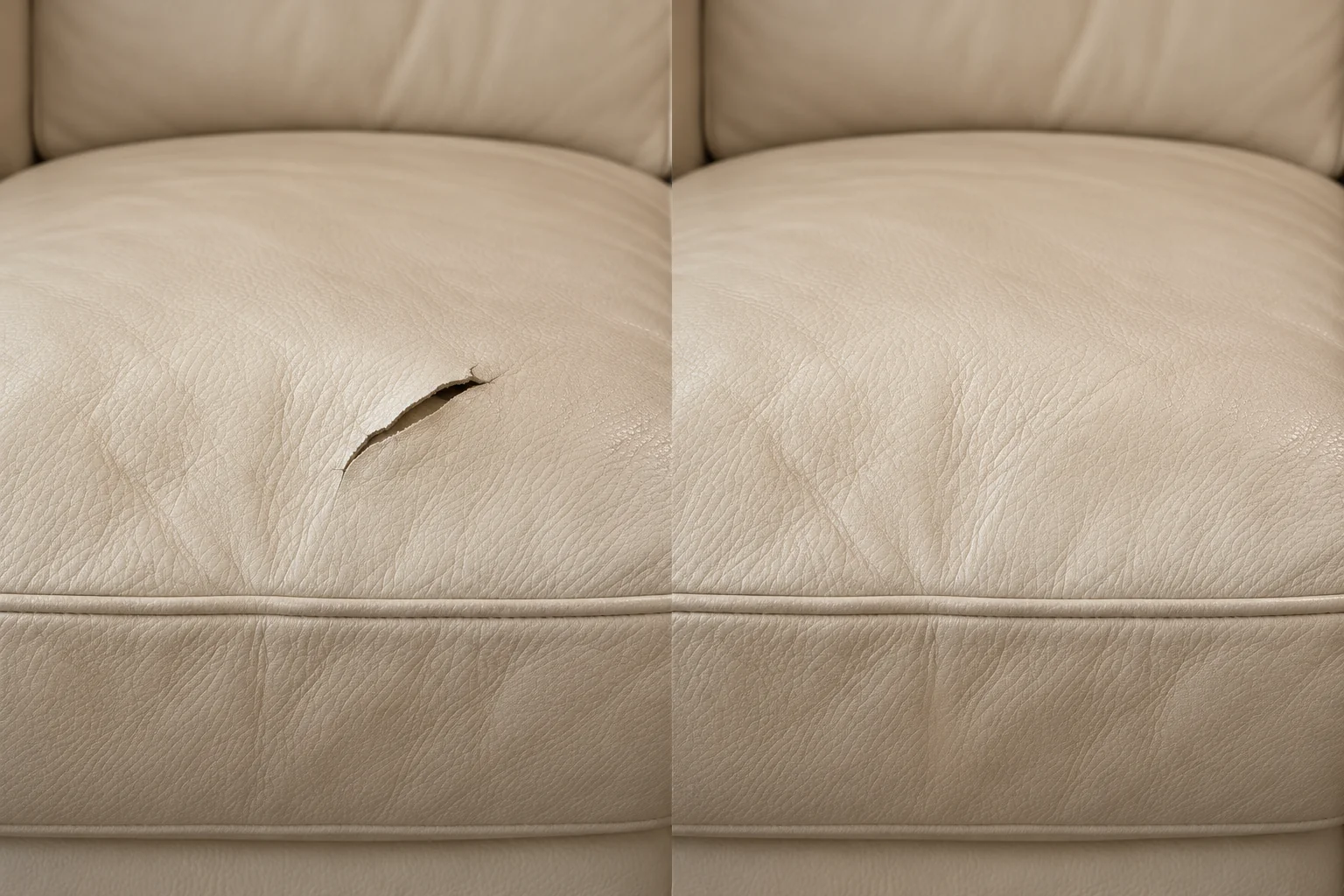 Before and after leather cushion repair on a torn cream leather seat