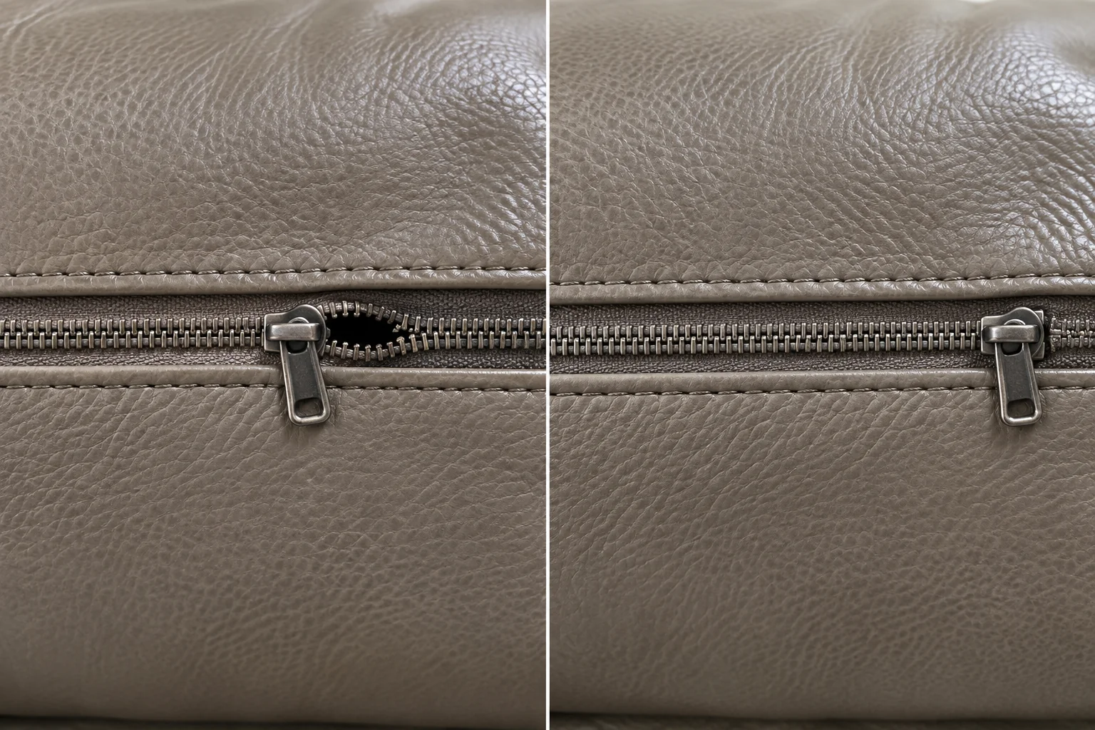 Before and after zipper repair on a taupe leather cushion cover