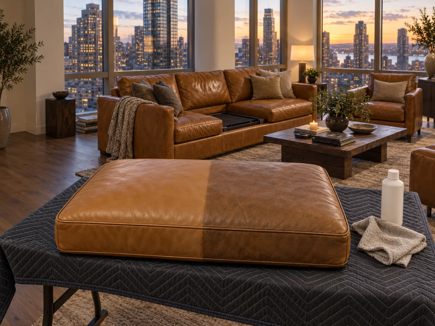 A leather cushion half cleaned, showing the difference between the cleaned and soiled halves