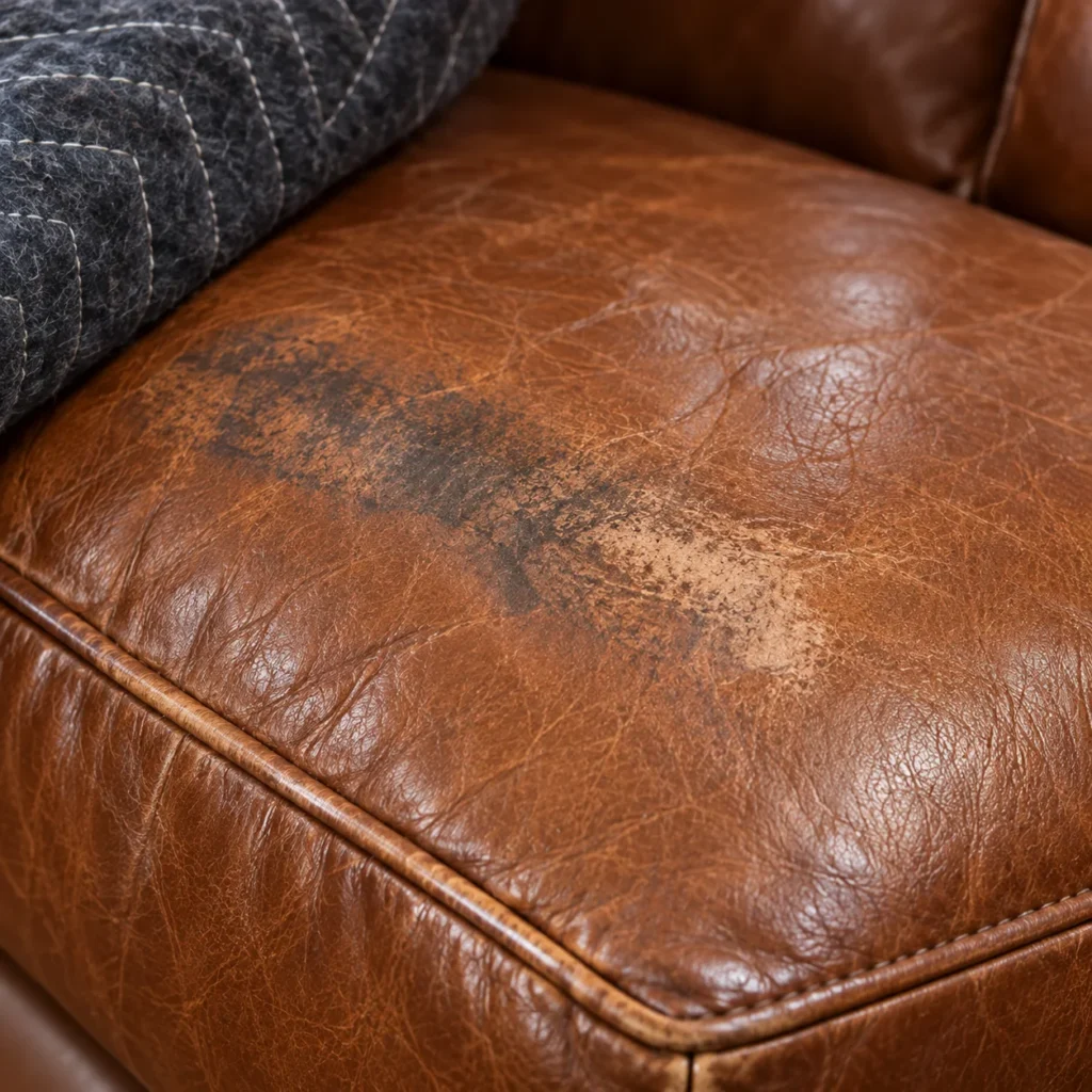 Dark color transfer from a moving blanket on a leather cushion