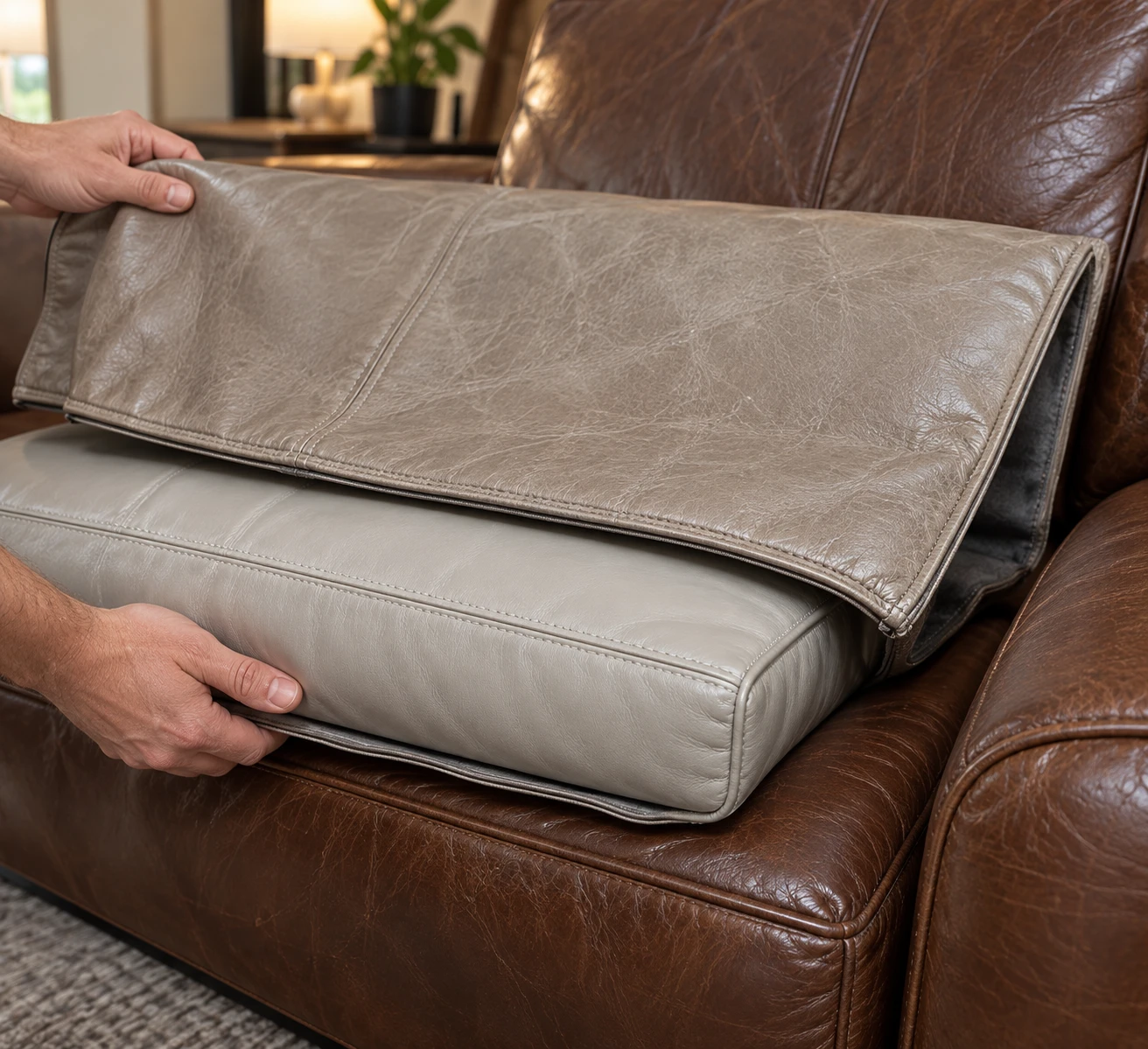Grey leather cushion cover being lifted clear of its foam core