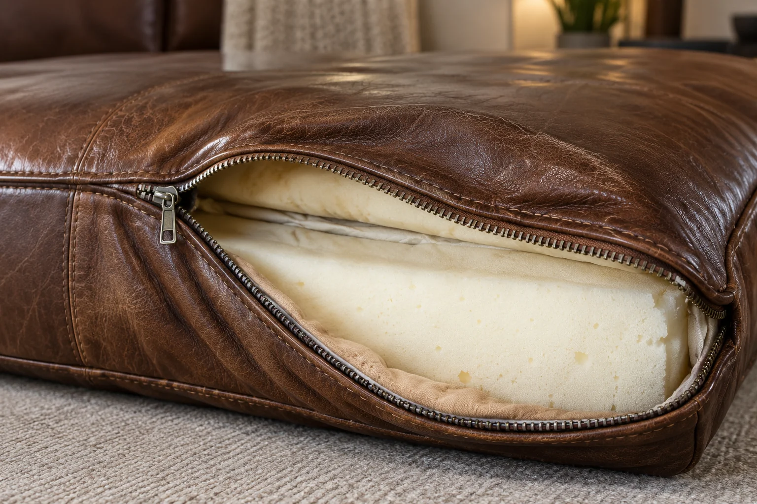 Brown leather cushion cover unzipped to show the foam insert inside