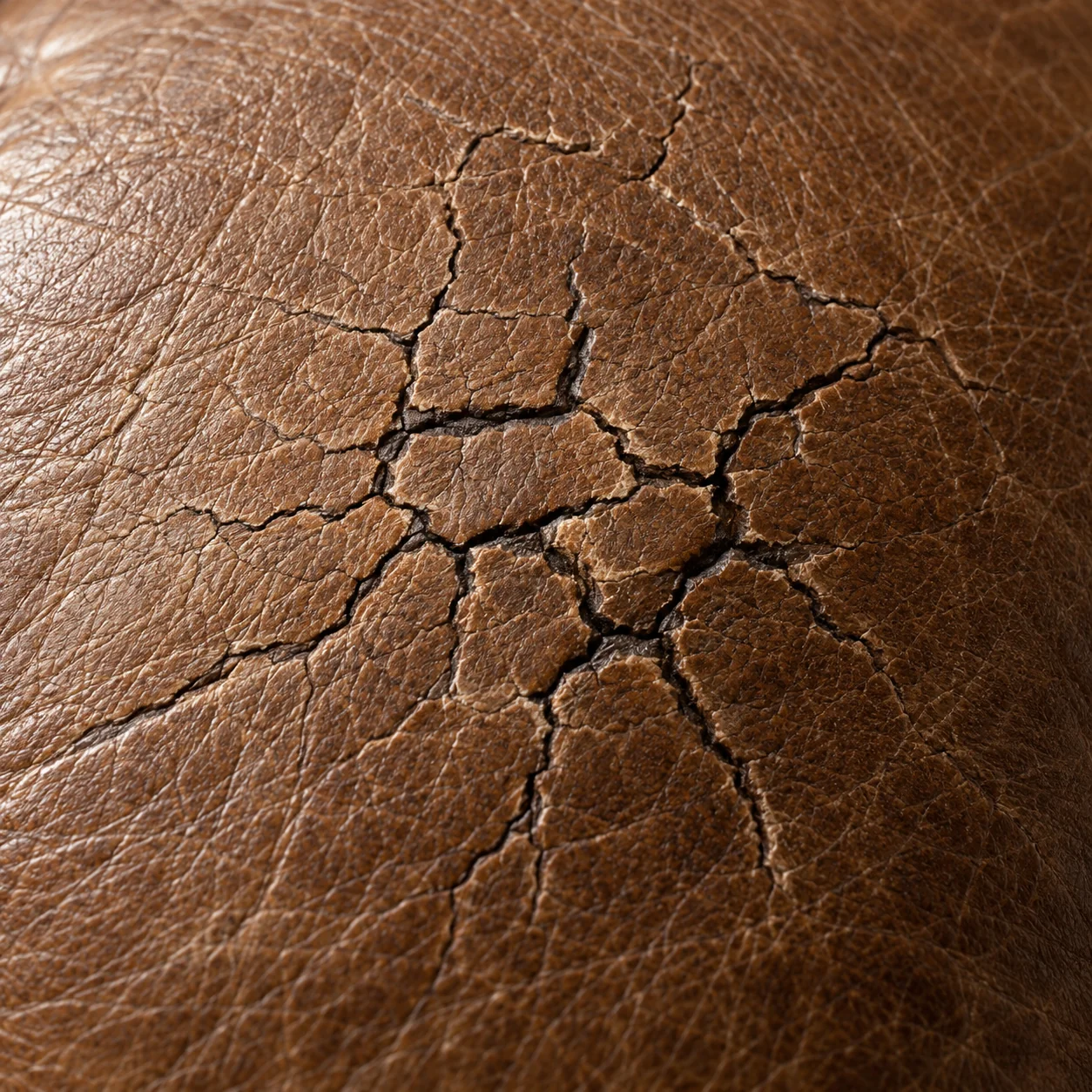 Network of cracks across the crown of a brown leather cushion