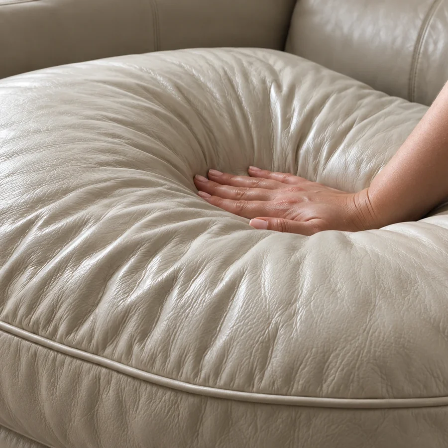 A hand pressing into a cream leather cushion that stays compressed under the palm