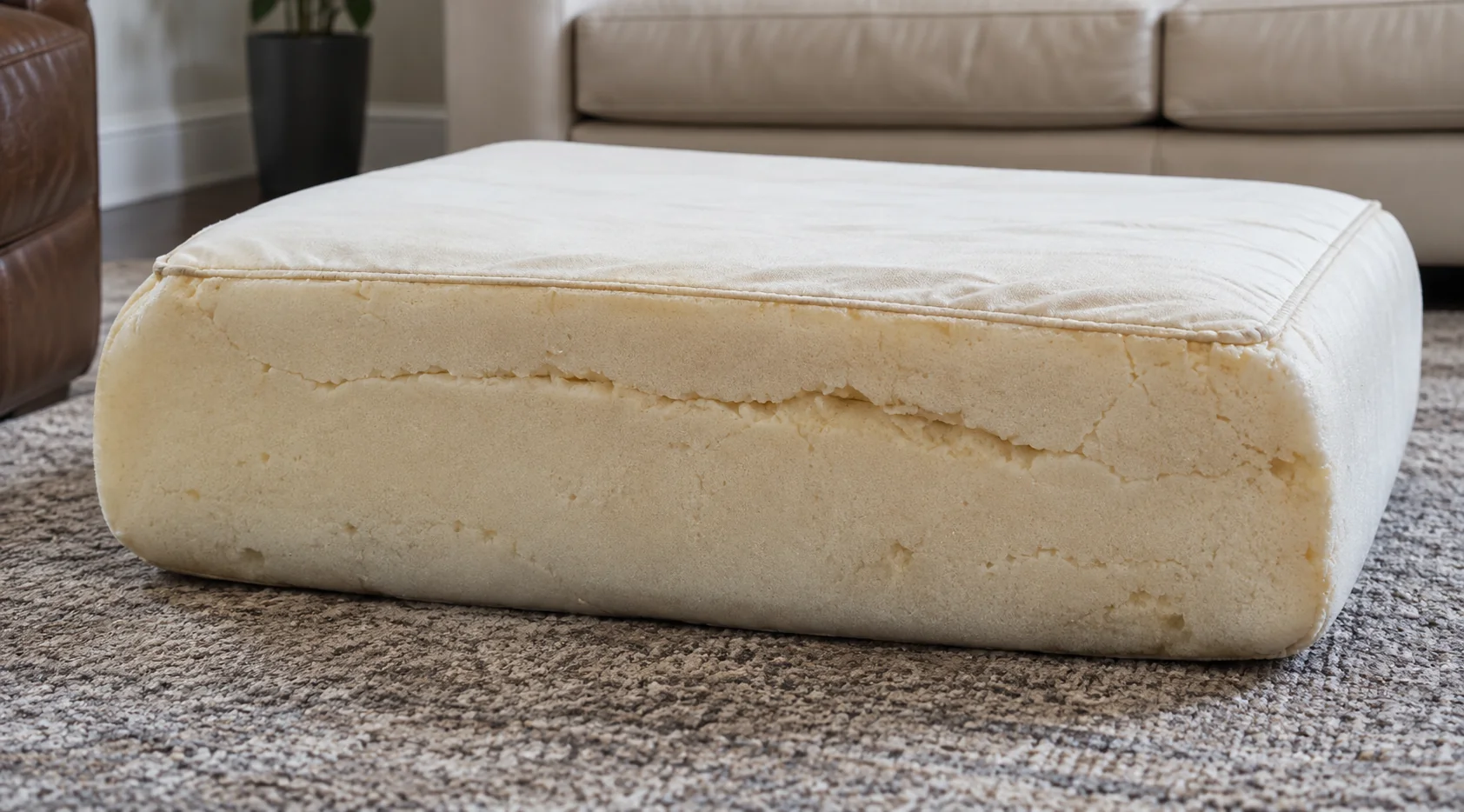 Bare foam cushion insert with a collapsed edge, removed from its leather cover