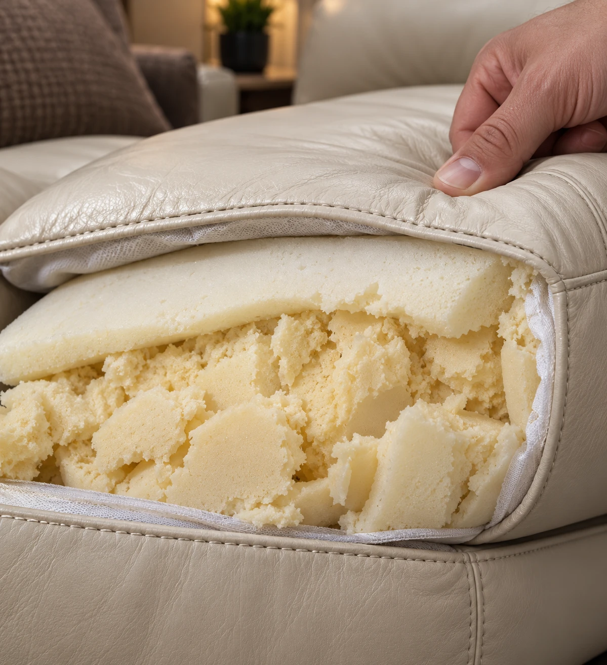 Crumbled foam inside an opened cream leather cushion cover