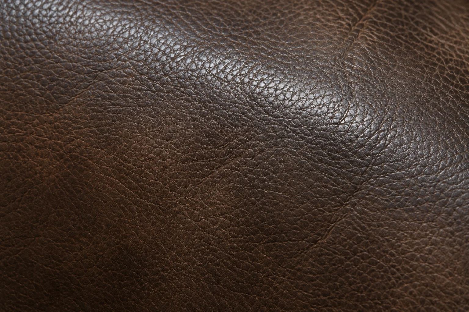 Close view of the grain and sheen of a dark brown leather cushion