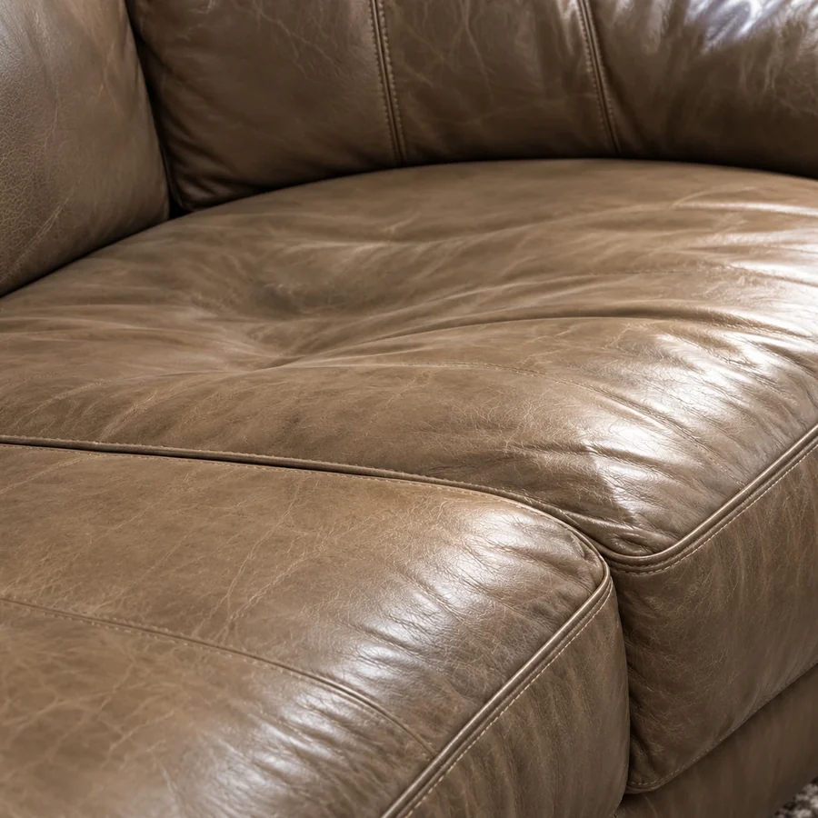 Olive brown leather sofa seat still holding a hollow after someone stood up