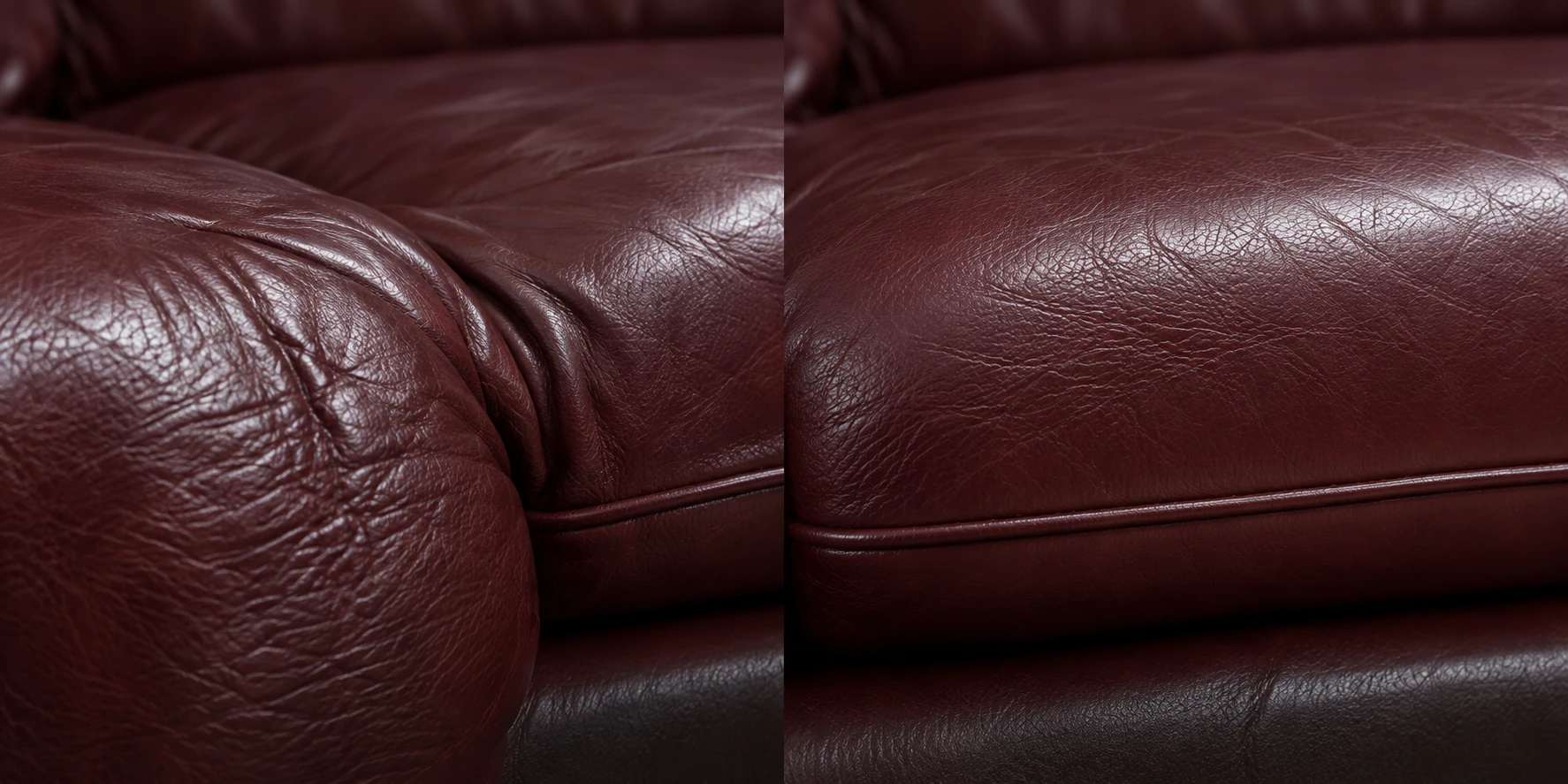 Burgundy leather seat cushion, creased and collapsed on the left, refilled and smooth on the right