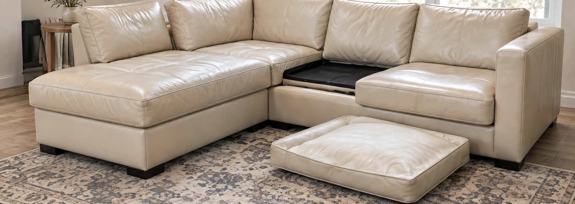Leather cushion repair on a cream sectional with one seat cushion lifted off the deck