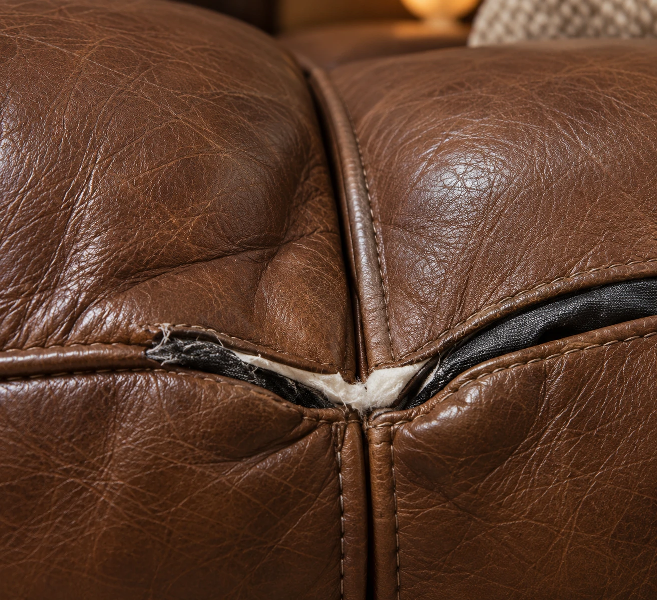 Open seam between two brown leather cushions with the filling showing