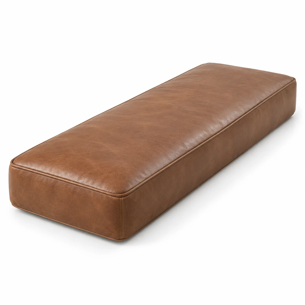 Long single-piece tan leather bench seat cushion